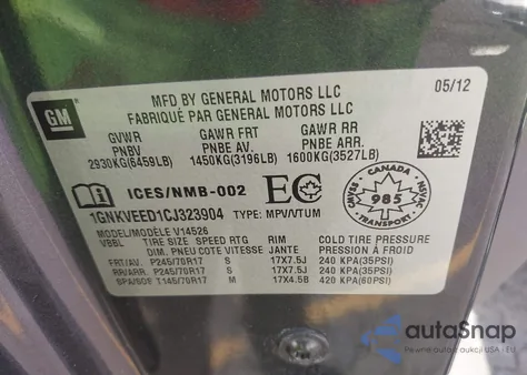 2012 Chevrolet Traverse Ls из США, поврежденный, VIN 1GNKVEED1CJ323904